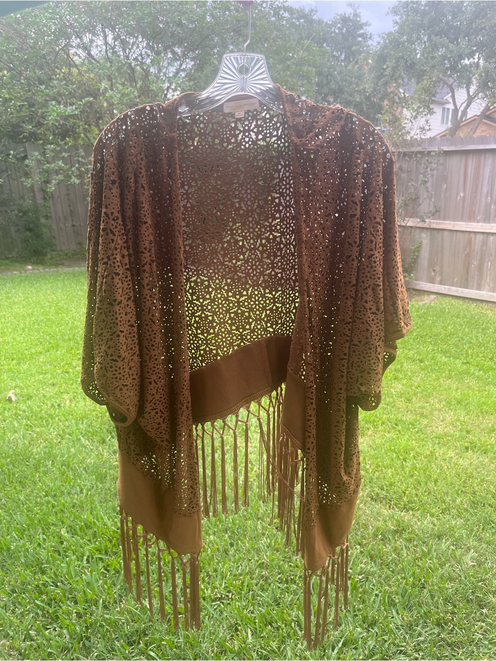Brown Fringe Openwork Kimono Top